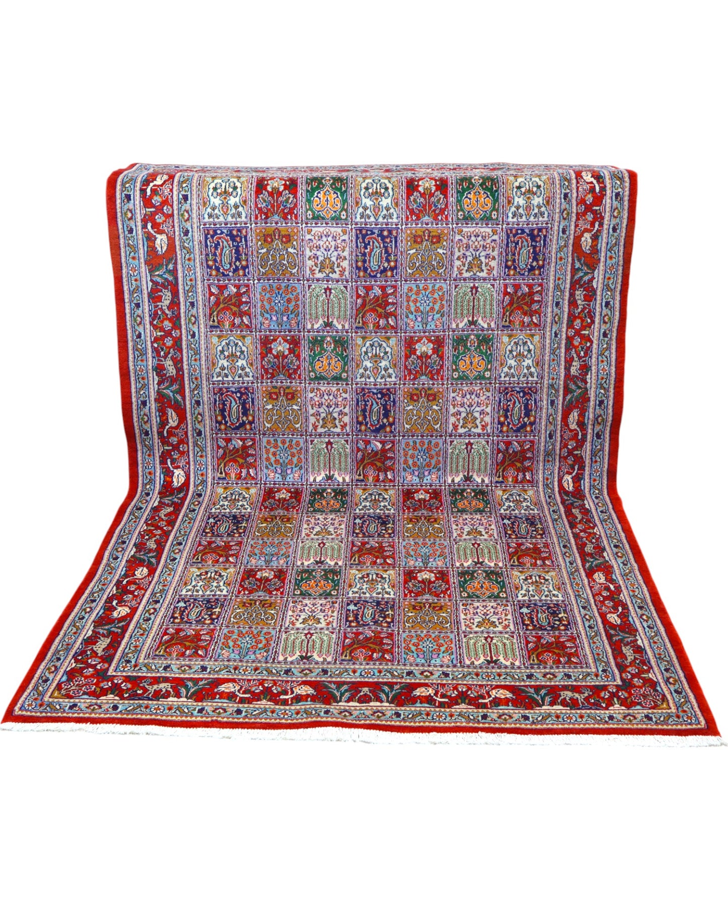 Tappeto Kashan annodato a mano, 230 x 143 cm, motivi decorativi con varietà cromatiche.
