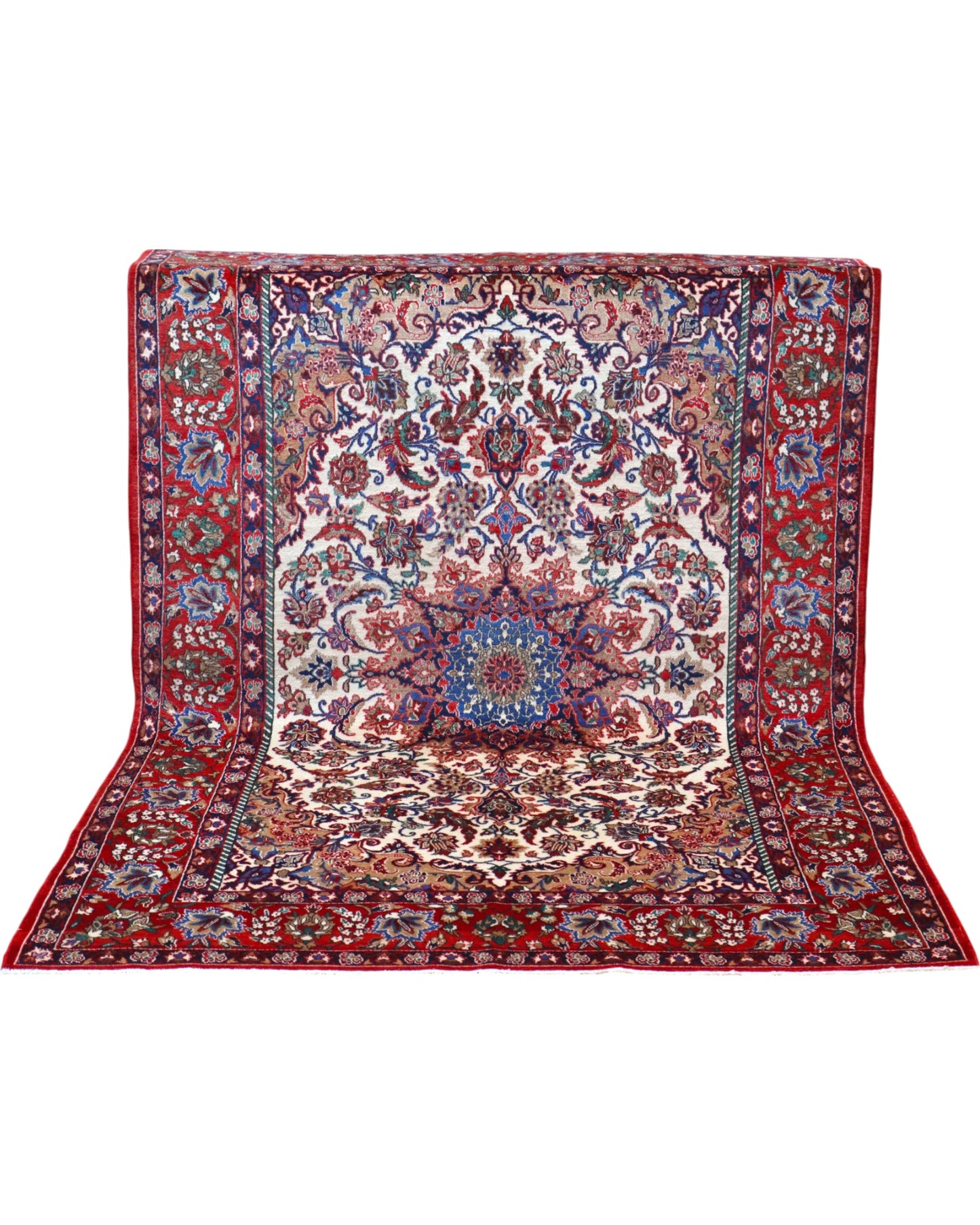 Tappeto Najafabad, annodato a mano, 219 x 152 cm, con motivi floreali decorativi in vari colori.