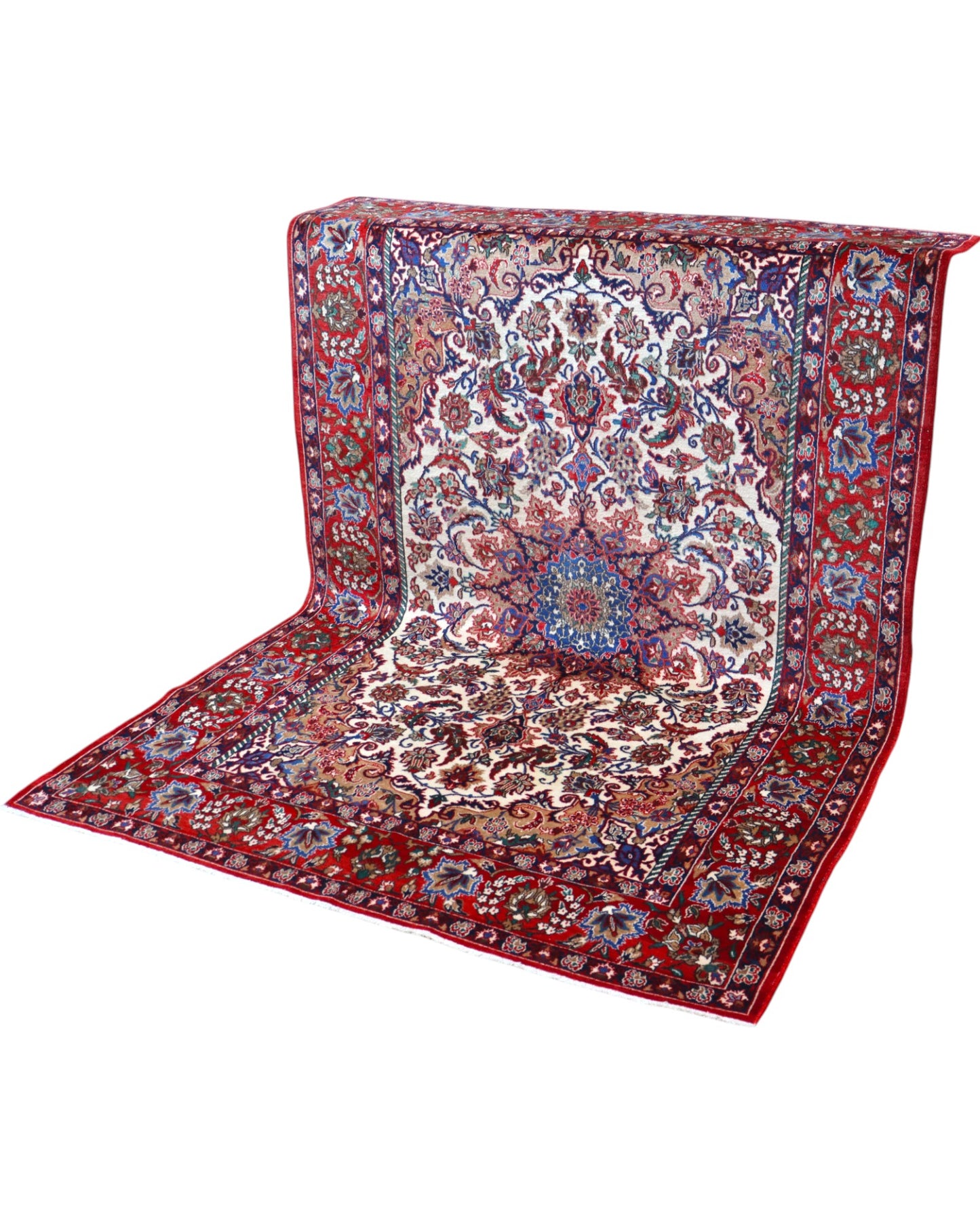Tappeto Najafabad, annodato a mano, 219 x 152 cm, con motivi floreali decorativi in vari colori.