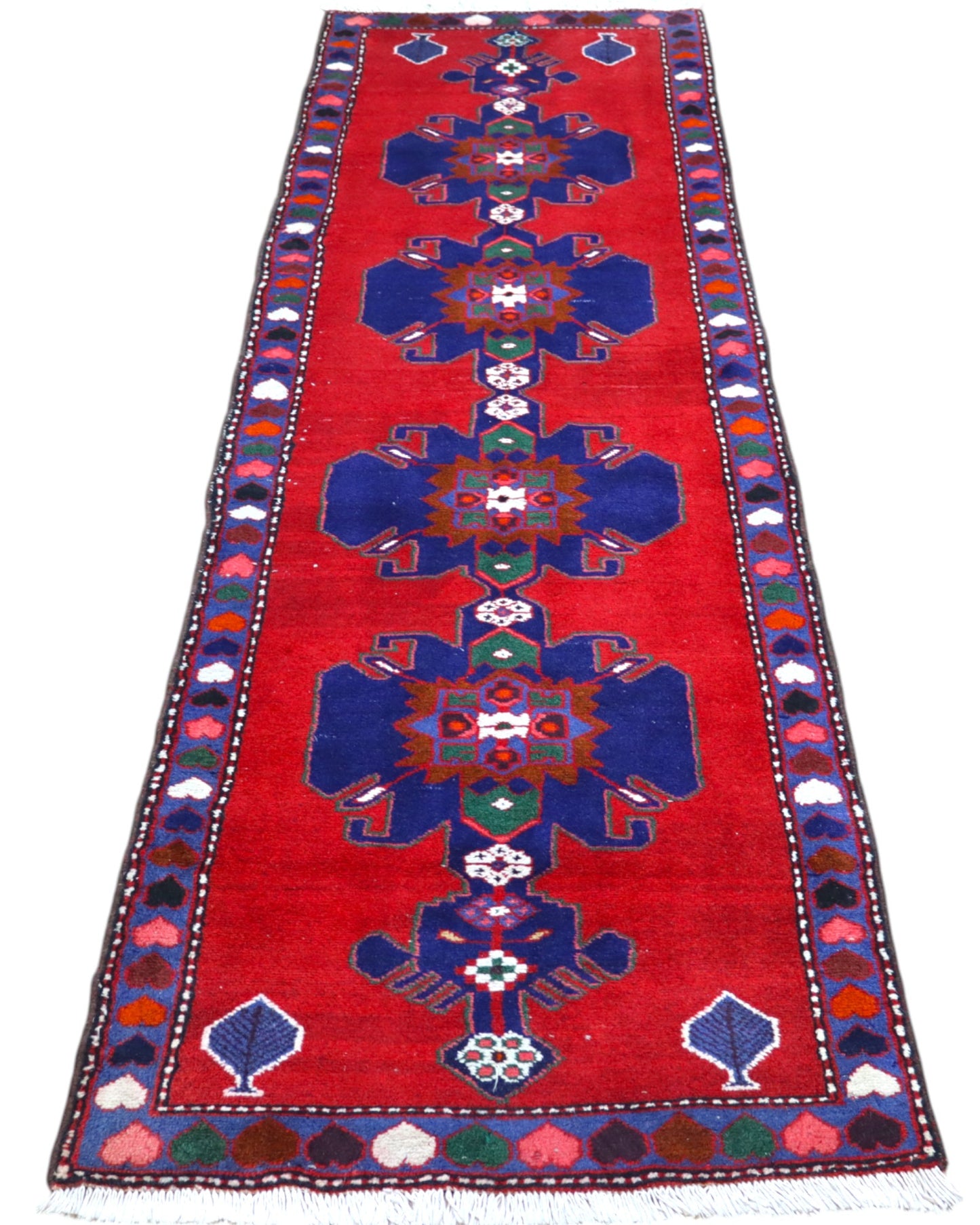 Corsia Hamedan persiana, fondo blu con disegno geometrico, annodato a mano, 284x76 cm.