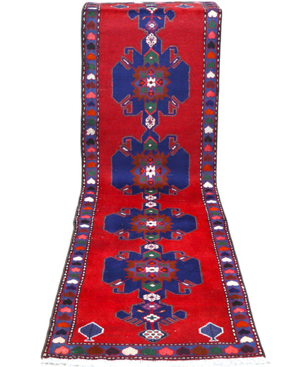 Corsia Hamedan persiana, fondo blu con disegno geometrico, annodato a mano, 284x76 cm.