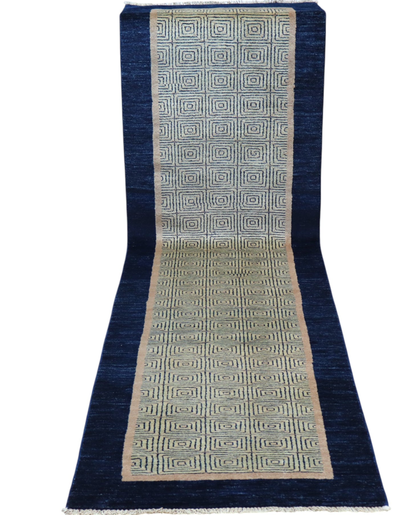 Tappeto moderno 232x81 cm annodato a mano in Persia, lana pregiata e colori vegetali, design minimal beige e blu.