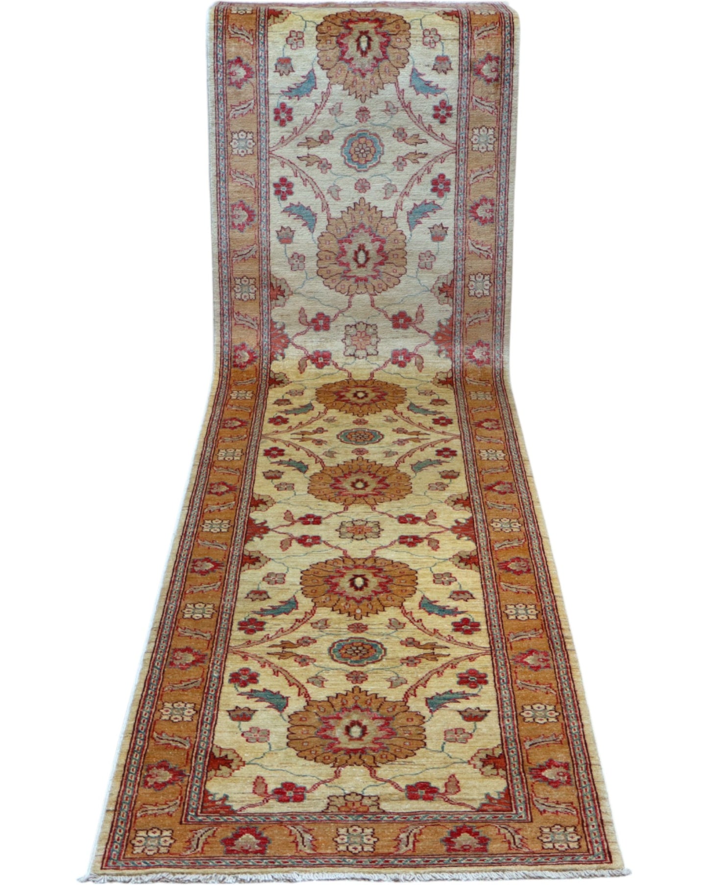 Tappeto Ziegler afgano, beige con design decorativo, annodato a mano, 338x81 cm.