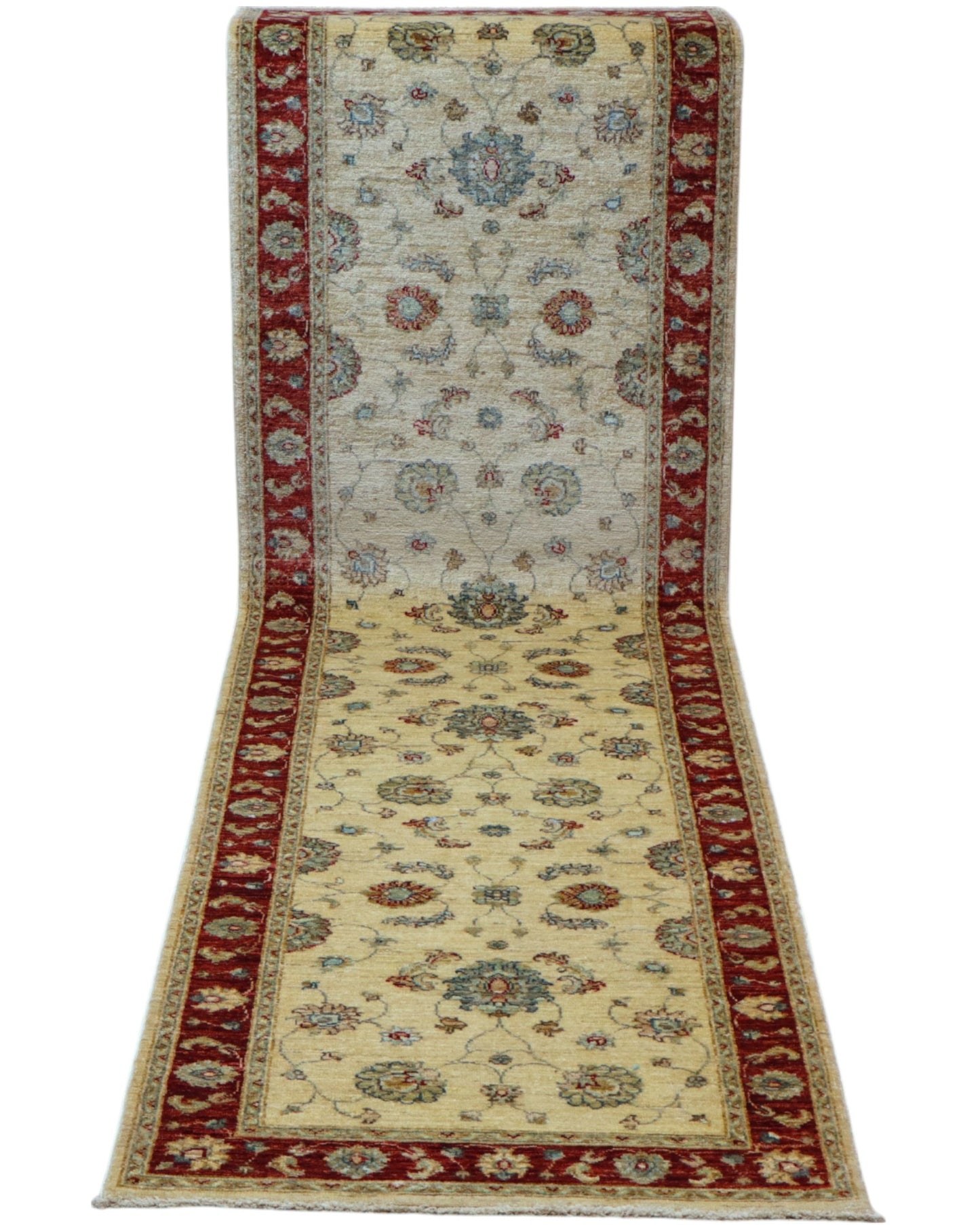 Tappeto Farahan Ziegler afgano, beige con cornice rossa e disegno decorativo, annodato a mano, 290x82 cm.