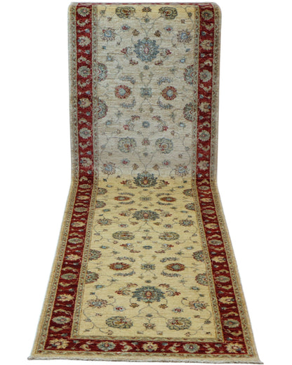 Tappeto Farahan Ziegler afgano, beige con cornice rossa e disegno decorativo, annodato a mano, 290x82 cm.