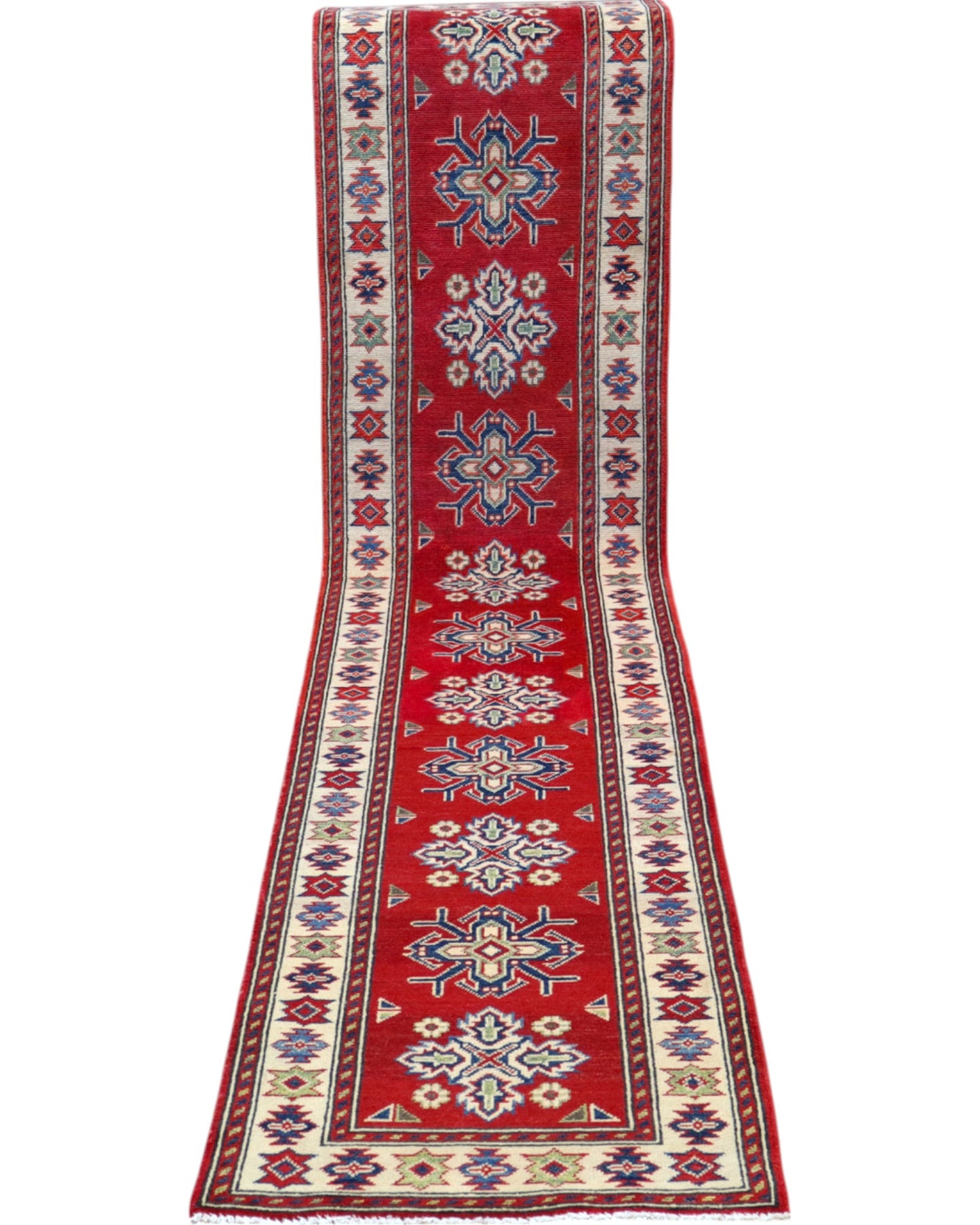 Passatoia Kazak annodata a mano (297x61 cm) in lana, con sfondo rosso melograno e bordo beige, con motivi geometrici afgani.

