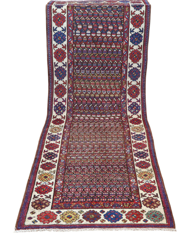 Passatoia Antico Bakhtiyari persiana, marrone e beige, annodato a mano, 267x90 cm.