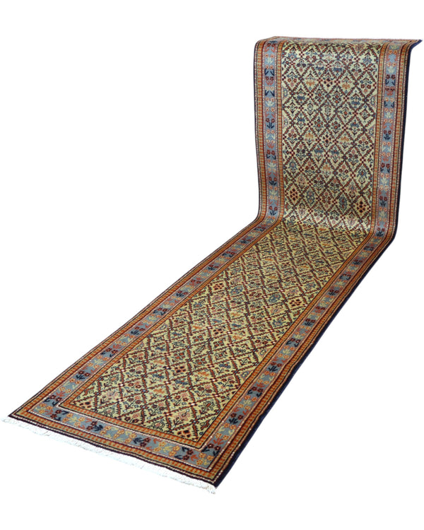 Passatoia turca annodata a mano 304x81 cm in lana e cotone con fondo beige e motivi geometrici tradizionali