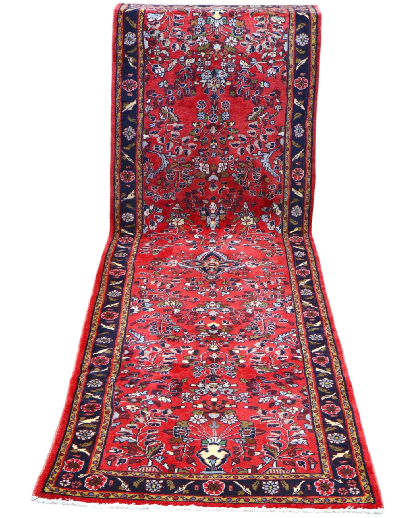 Passatoia Lilian persiana, rosso antico e blu, annodato a mano, 299x89 cm.