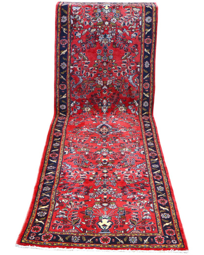 Passatoia Lilian persiana, rosso antico e blu, annodato a mano, 299x89 cm.