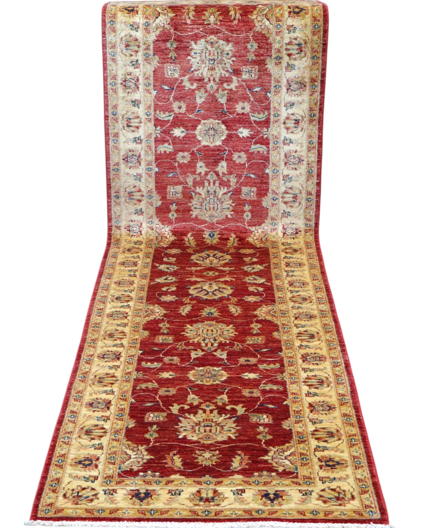 Passatoia Ziegler afgana 301x88 cm annodata a mano in lana, con motivi contemporanei su fondo rosso melograno e un'elegante cornice beige.

