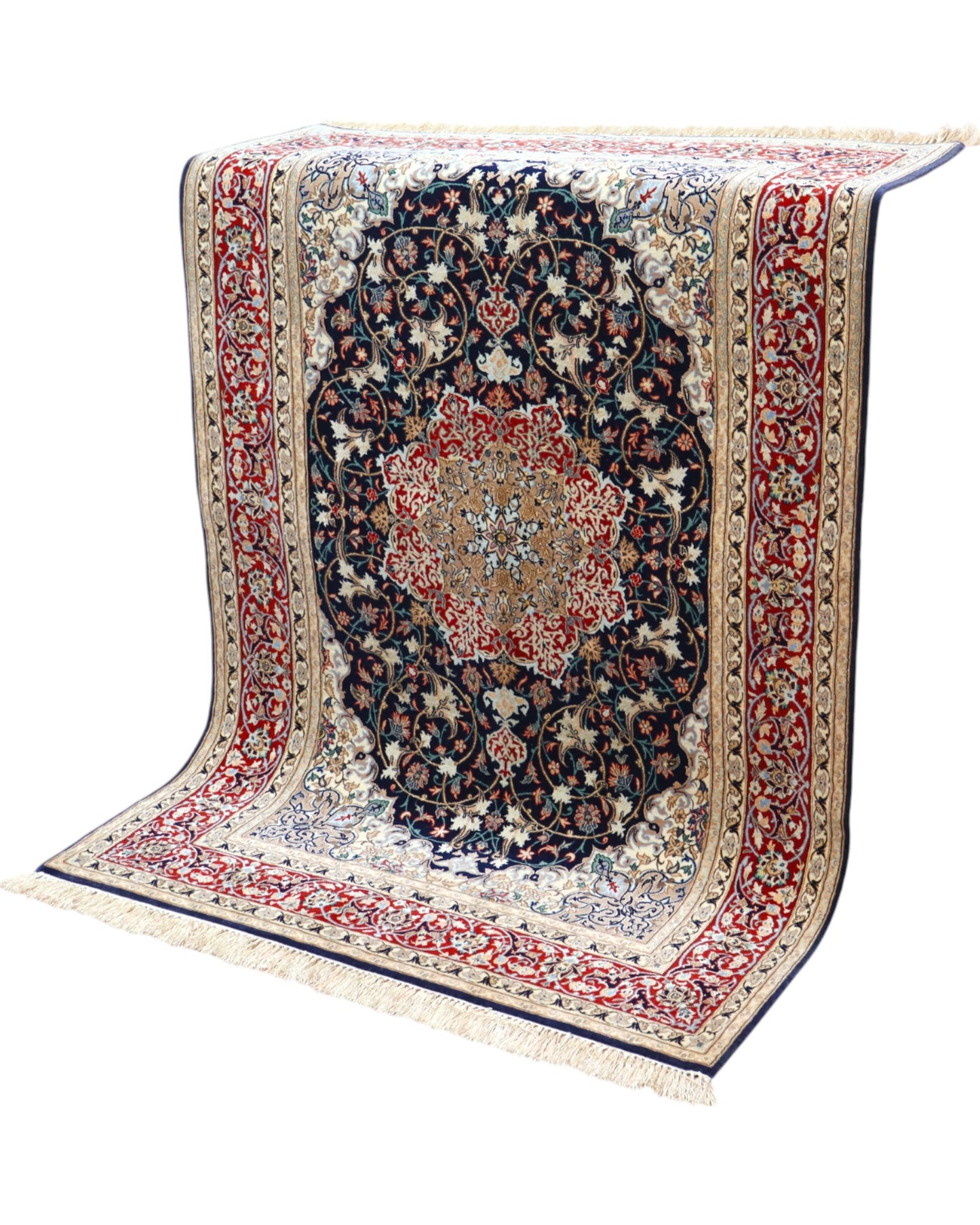 Tappeto Esfahan persiano 162x108 cm, annodato a mano, fondo blu notte con motivi decorativi, vello lana/seta con base in seta, colori vegetali, certificato di autenticità.