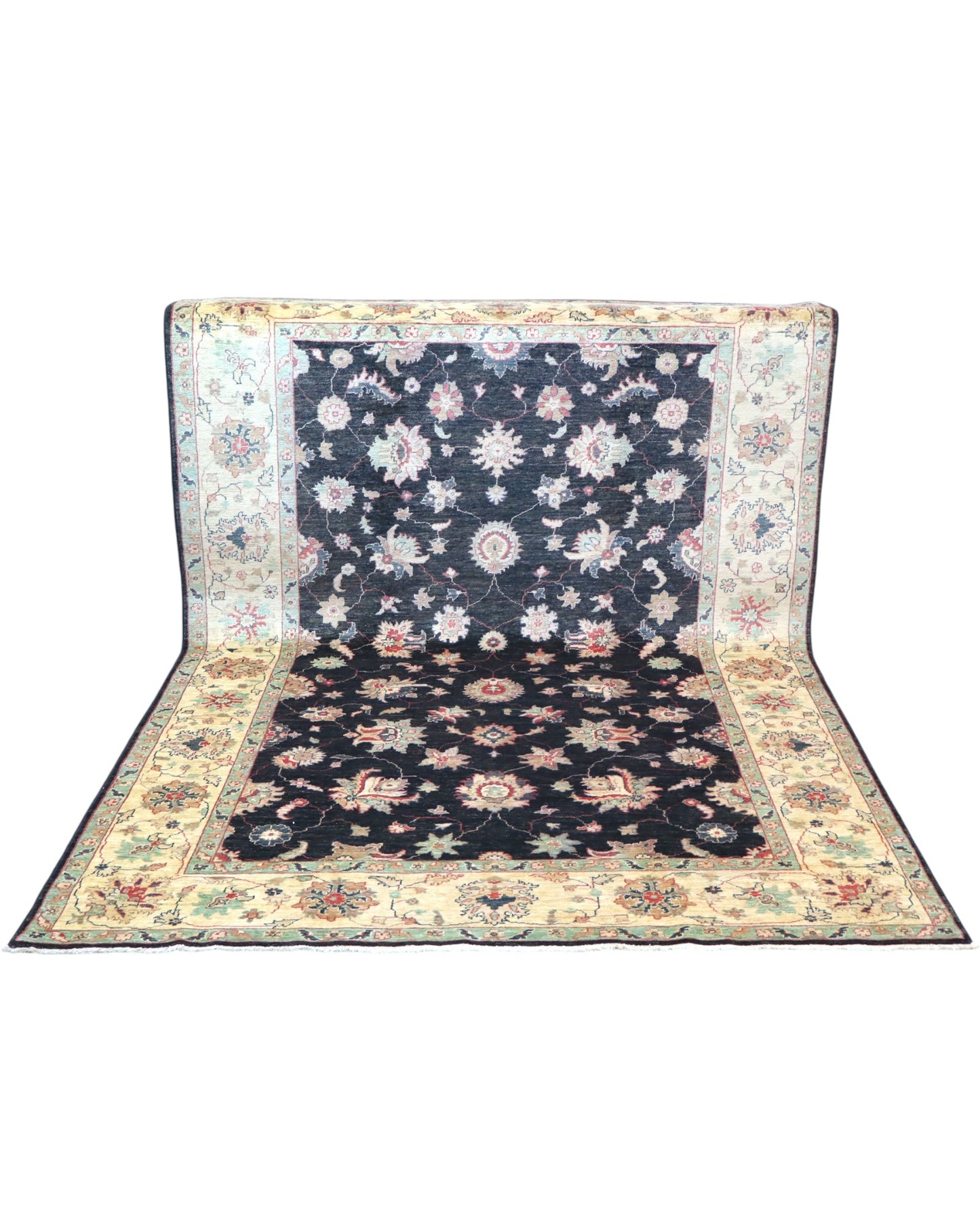 Tappeto Ziegler afgano, fondo nero con cornice beige e disegno decorativo, annodato a mano, 262x180 cm.