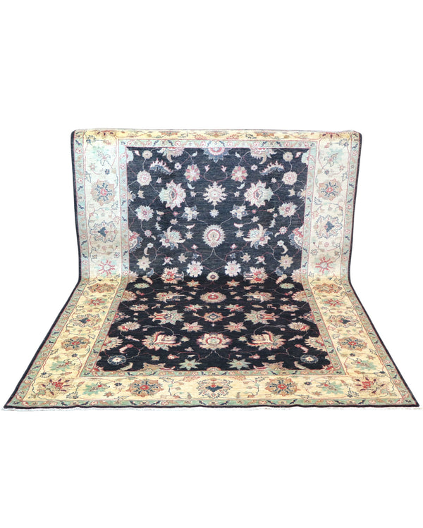 Tappeto Ziegler afgano, fondo nero con cornice beige e disegno decorativo, annodato a mano, 262x180 cm.