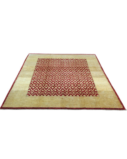 Tappeto moderno afgano, annodato a mano, 240x190 cm, fondo rosso melograno con disegno decorativo.