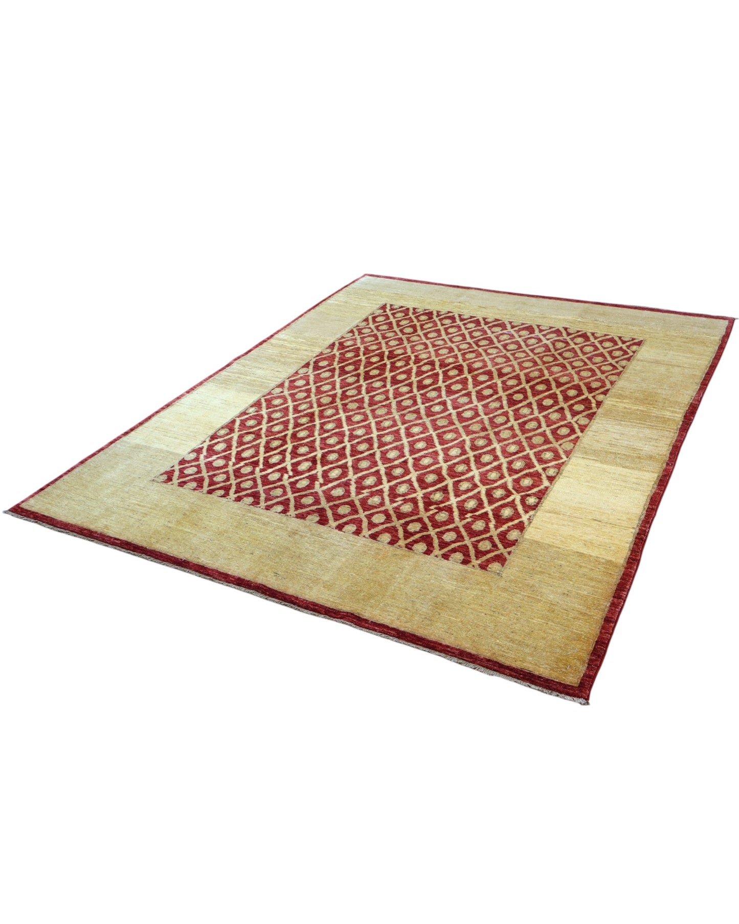 Tappeto moderno afgano, annodato a mano, 240x190 cm, fondo rosso melograno con disegno decorativo.