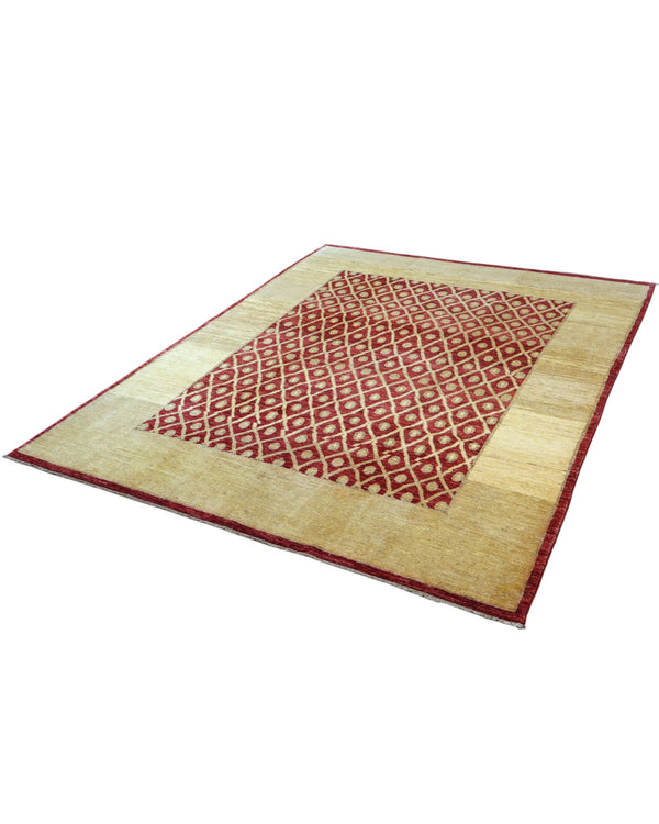 Tappeto moderno afgano, annodato a mano, 240x190 cm, fondo rosso melograno con disegno decorativo.