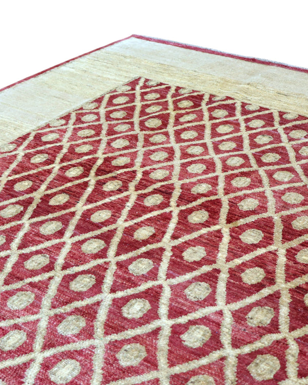 Tappeto moderno afgano, annodato a mano, 240x190 cm, fondo rosso melograno con disegno decorativo.