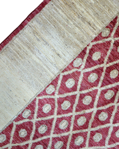 Tappeto moderno afgano, annodato a mano, 240x190 cm, fondo rosso melograno con disegno decorativo.