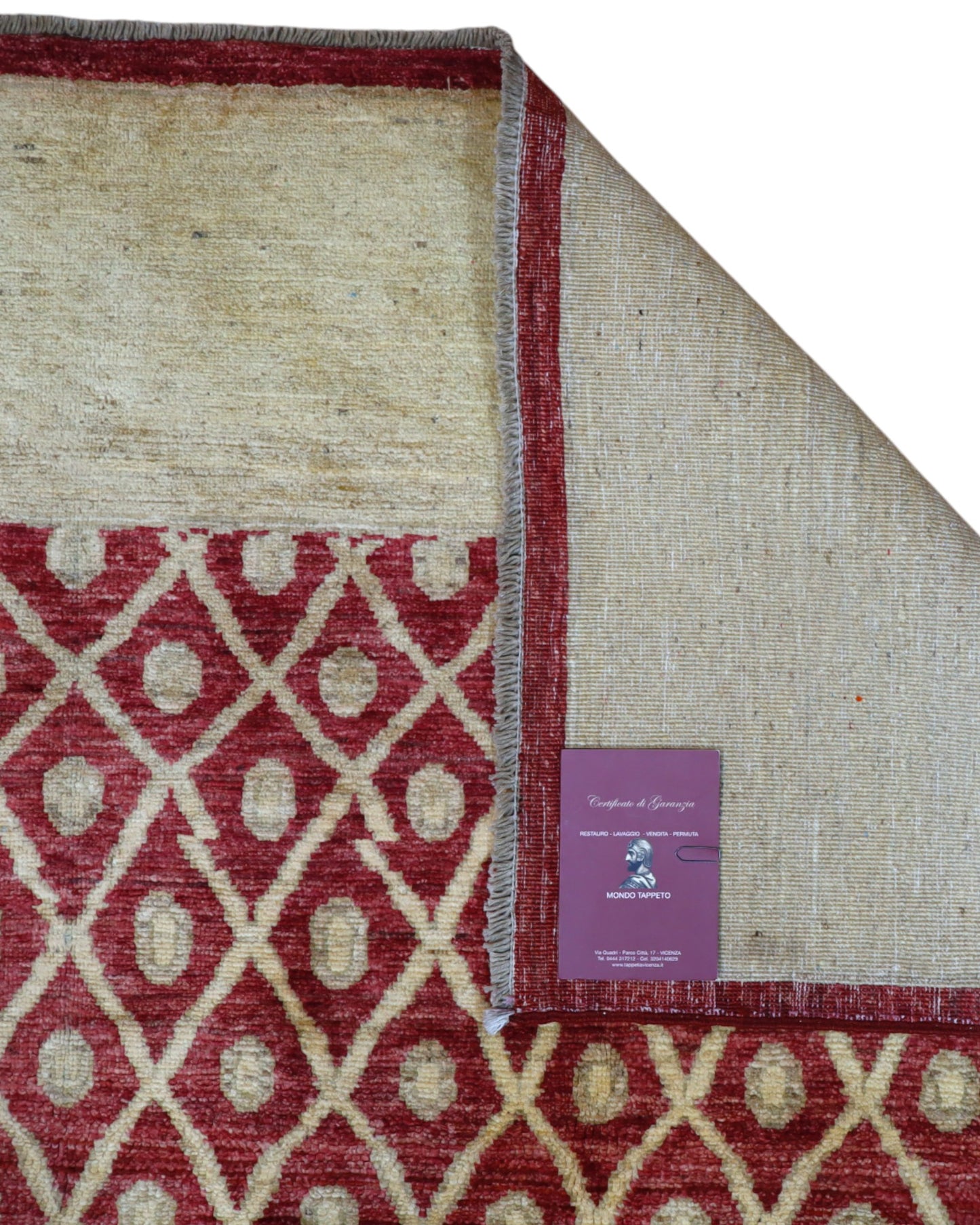 Tappeto moderno afgano, annodato a mano, 240x190 cm, fondo rosso melograno con disegno decorativo.