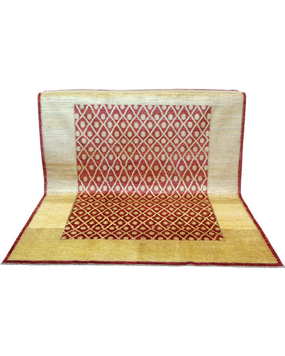 Tappeto moderno afgano, annodato a mano, 240x190 cm, fondo rosso melograno con disegno decorativo.