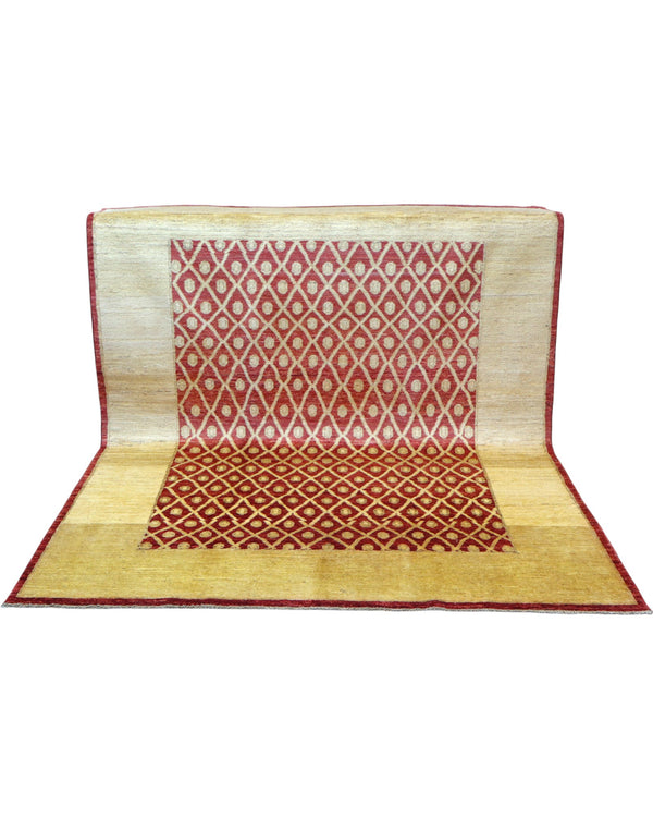 Tappeto moderno afgano, annodato a mano, 240x190 cm, fondo rosso melograno con disegno decorativo.