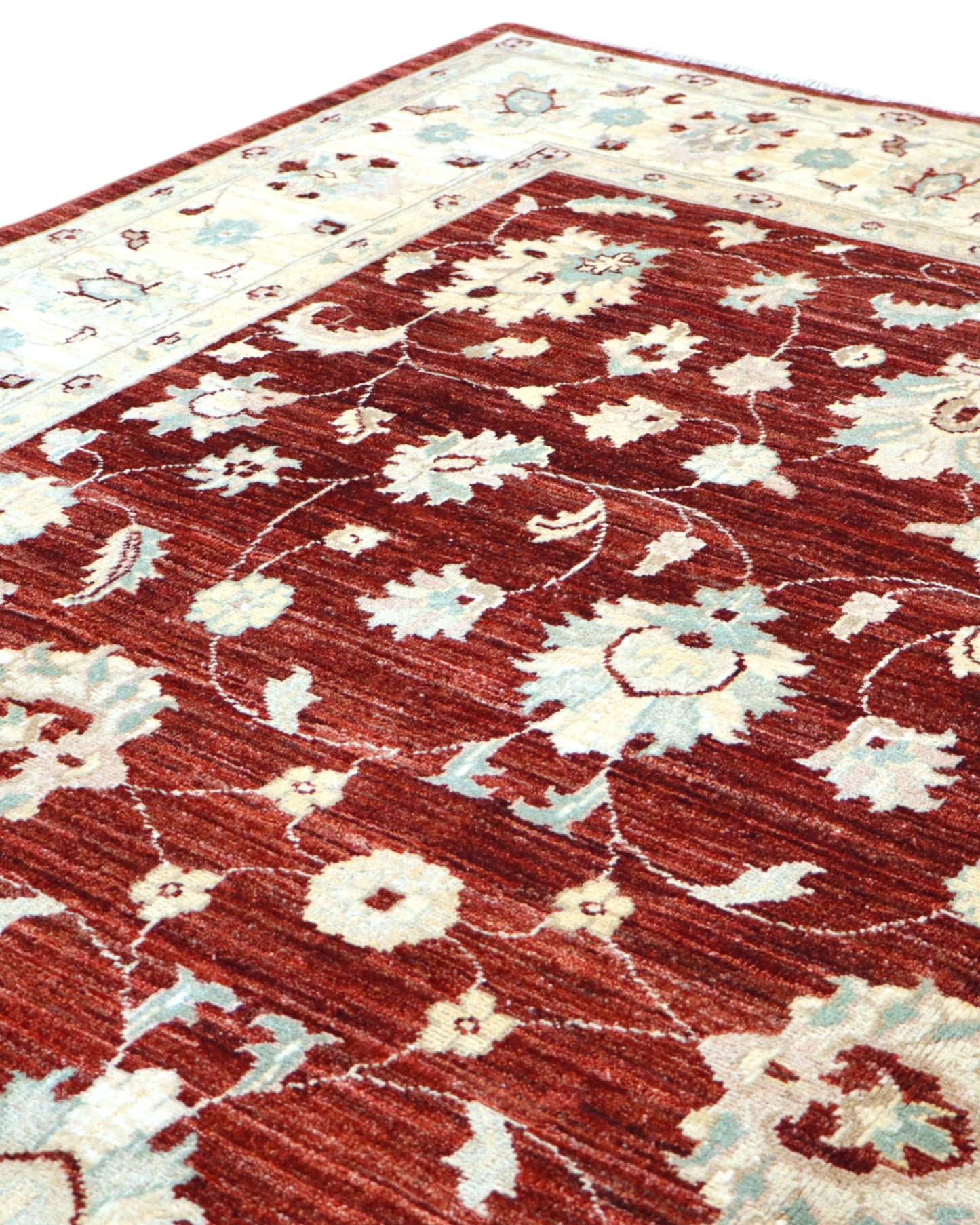 Tappeto Ziegler 240x170 cm, annodato a mano in Afghanistan, fondo rosso melograno con disegno contemporaneo e cornice beige, lana pregiata e cotone resistente, certificato di autenticità incluso.