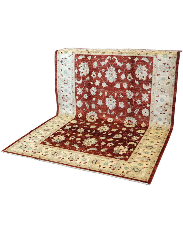 Tappeto Ziegler 240x170 cm, annodato a mano in Afghanistan, fondo rosso melograno con disegno contemporaneo e cornice beige, lana pregiata e cotone resistente, certificato di autenticità incluso.