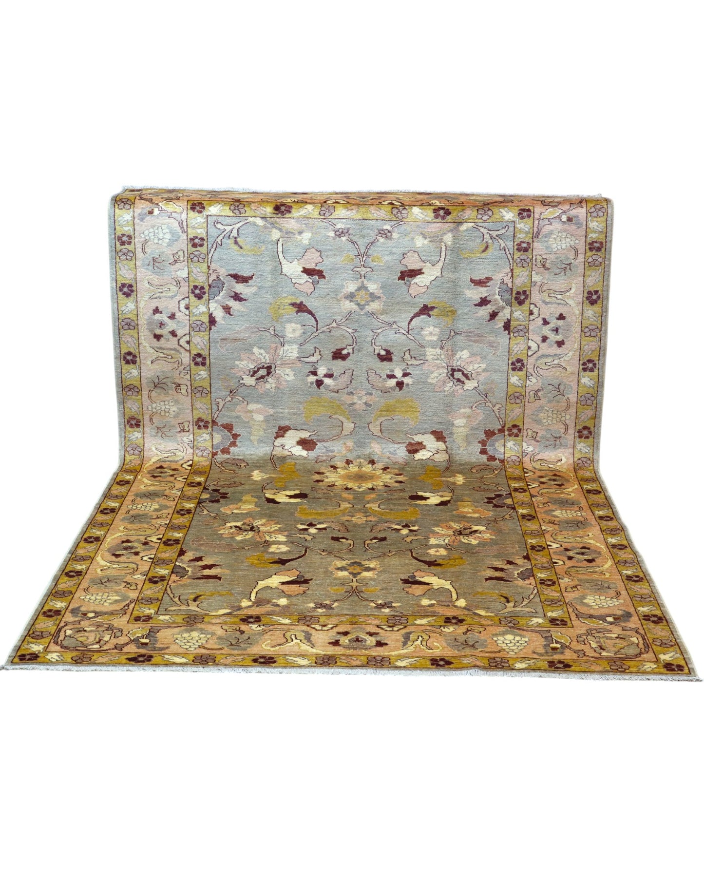 Tappeto Ziegler afgano, fondo grigio chiaro con motivi decorativi contemporanei, annodato a mano, 250x172 cm.