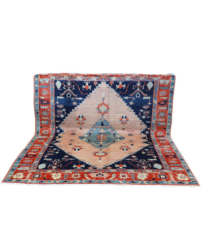 Tappeto Heriz persiano, geometrico, beige, blu notte e rosso mattone, 255x218 cm, annodato a mano.