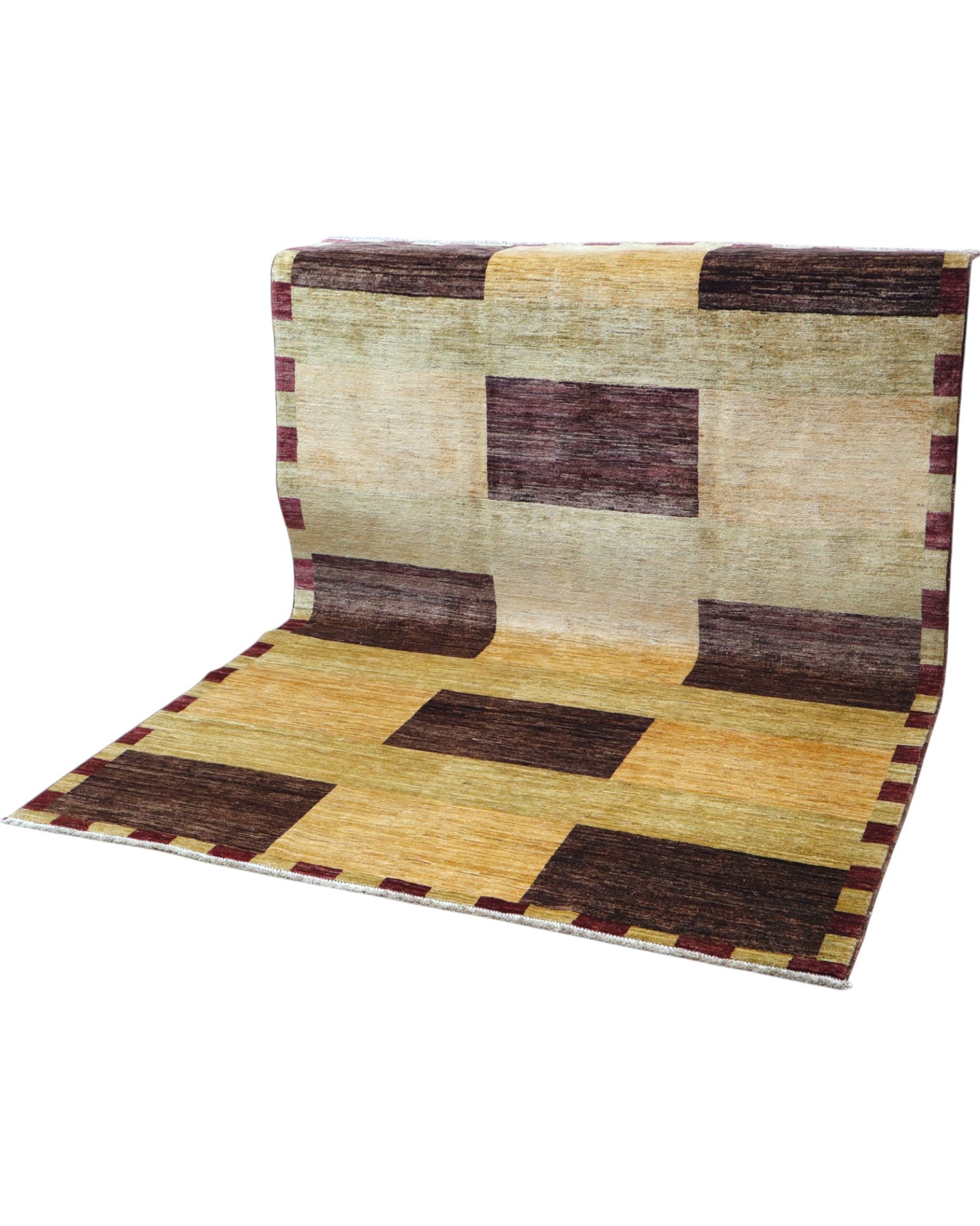 Tappeto moderno 238x169 cm Persia con motivo geometrico rettangolare, fondo beige e verde chiaro con inserti marrone scuro, lana annodata a mano.