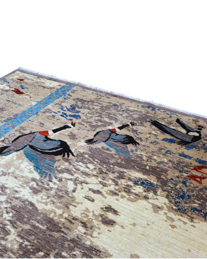 Tappeto moderno 238x176 cm Persia con figure di gru in volo e dettagli azzurri su fondo beige-marrone. Annodato a mano in lana naturale.