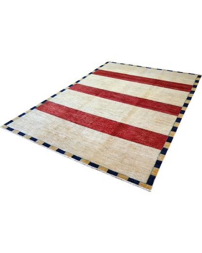 Tappeto moderno 262x181 cm Persia con fasce orizzontali rosso, avorio e beige, annodato a mano in lana e cotone.