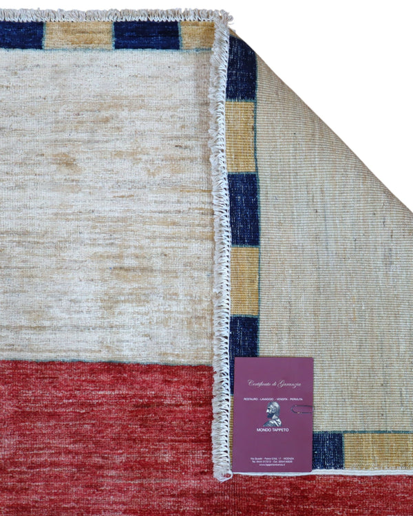 Tappeto moderno 262x181 cm Persia con fasce orizzontali rosso, avorio e beige, annodato a mano in lana e cotone.