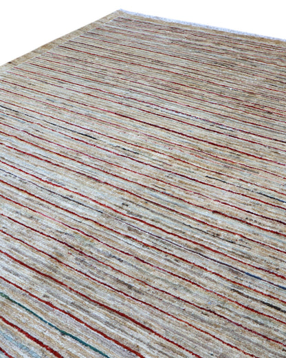 Tappeto moderno 240x204 cm Persia con fondo chiaro e linee sottili multicolore, annodato a mano in lana e cotone.