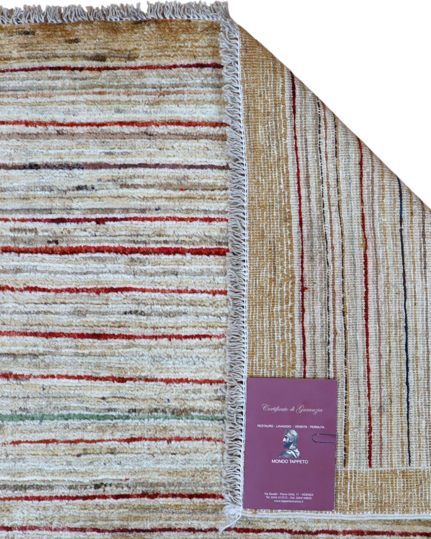 Tappeto moderno 240x204 cm Persia con fondo chiaro e linee sottili multicolore, annodato a mano in lana e cotone.