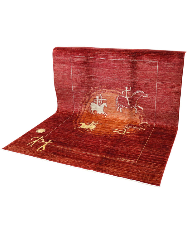Tappeto moderno 232x180 cm con fondo bordeaux e decorazioni stilizzate di cavalli e figure, annodato a mano in lana e cotone, provenienza Persia.