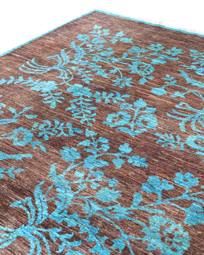 Tappeto moderno 242x180 cm Persia con fondo marrone e motivi floreali turchesi, annodato a mano in lana e cotone.