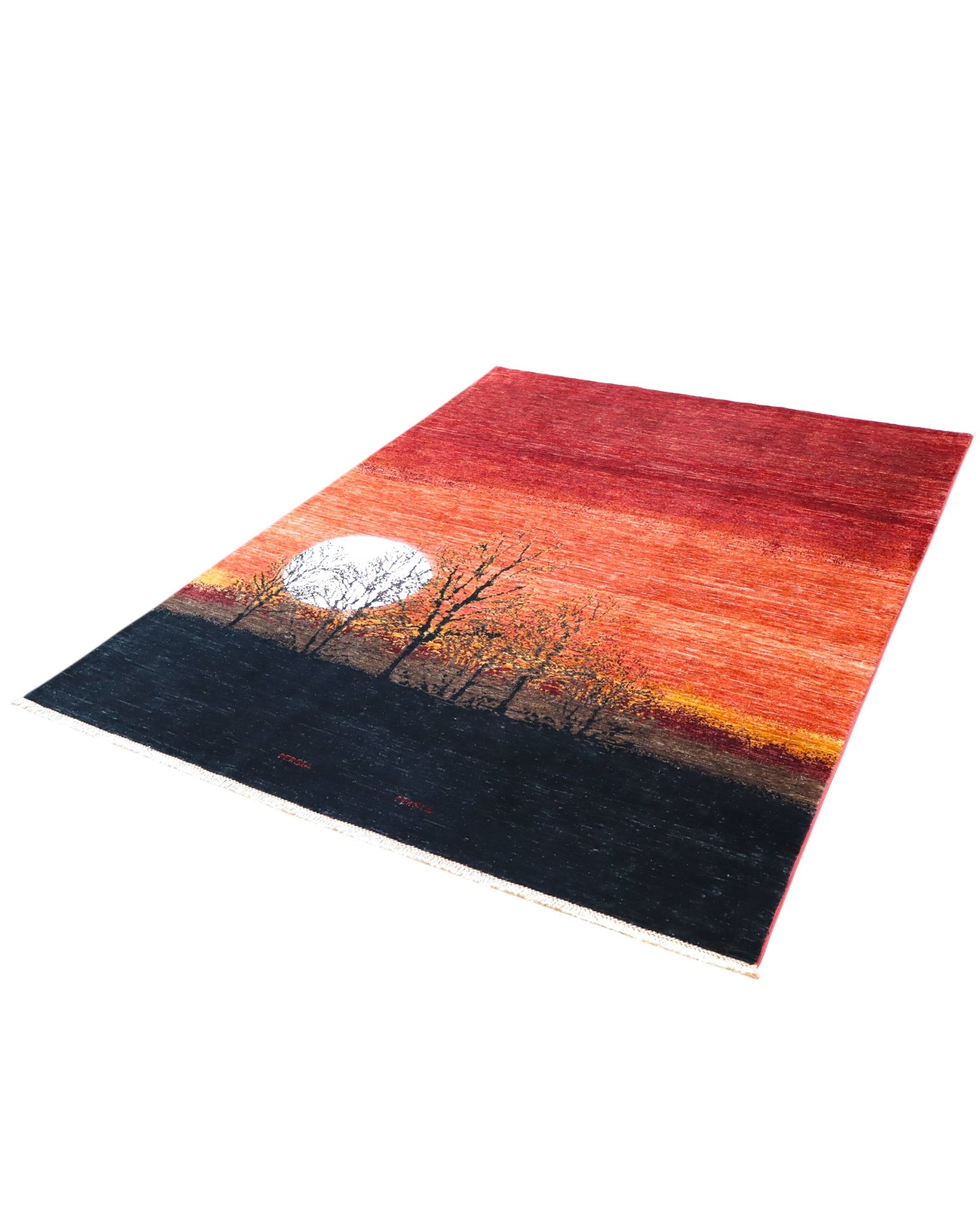 Tappeto moderno 237x180 cm Persia con design tramonto e alberi stilizzati, fondo rosso e arancio sfumato, annodato a mano in lana e cotone.