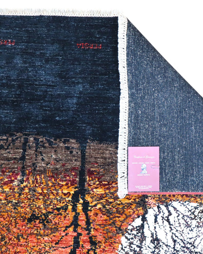 Tappeto moderno 237x180 cm Persia con design tramonto e alberi stilizzati, fondo rosso e arancio sfumato, annodato a mano in lana e cotone.