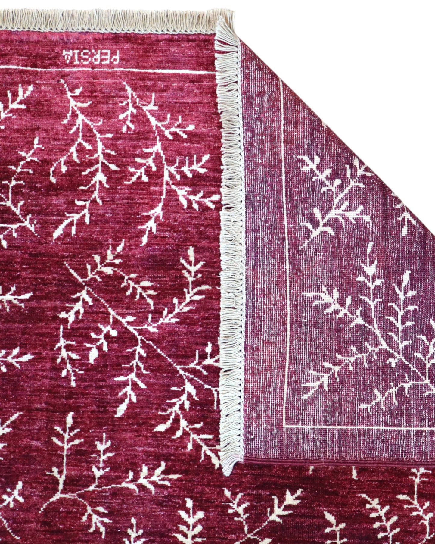 Tappeto moderno 225x178 cm Persia con fondo bordeaux e motivi floreali in avorio, annodato a mano in lana e cotone.