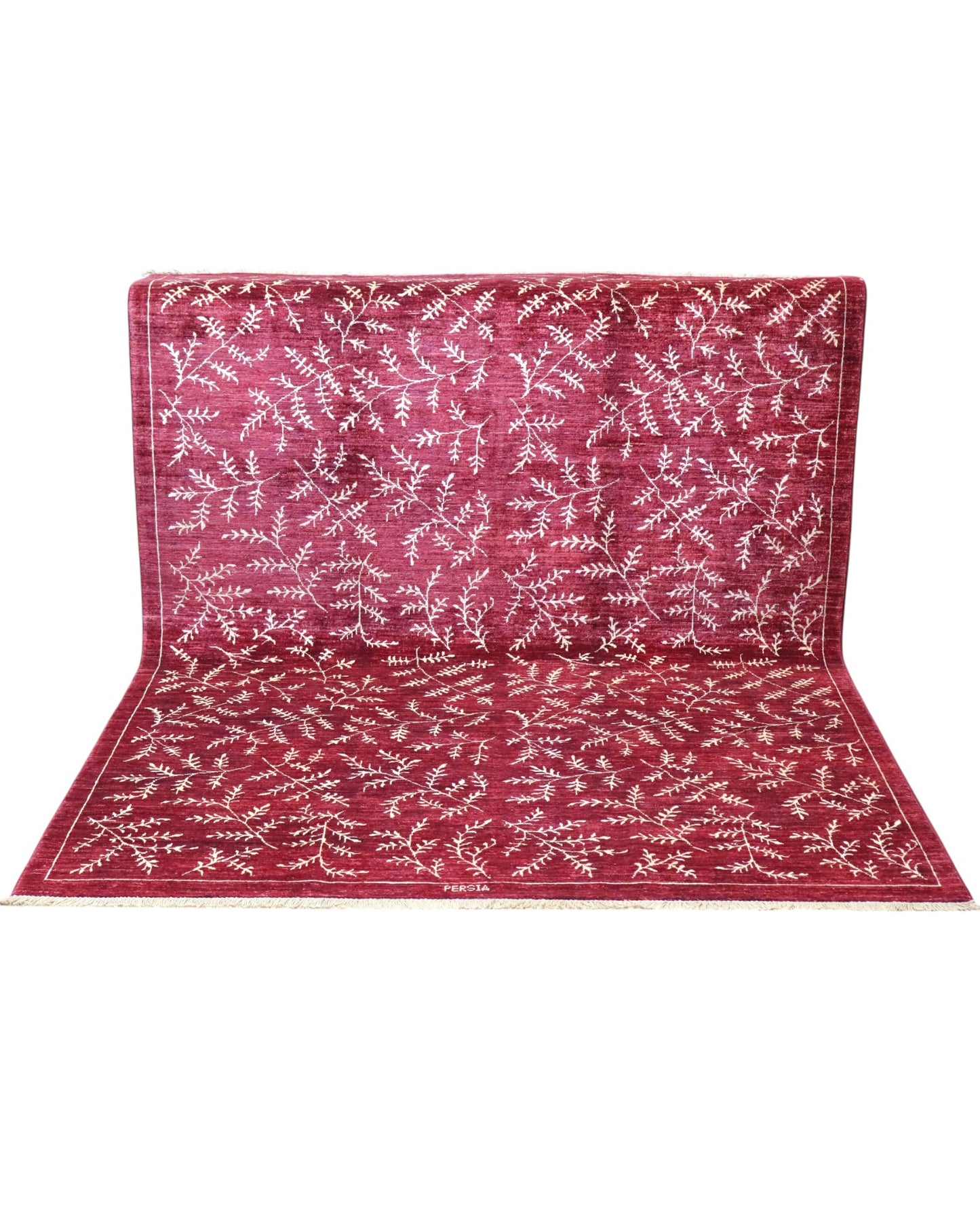 Tappeto moderno 225x178 cm Persia con fondo bordeaux e motivi floreali in avorio, annodato a mano in lana e cotone.