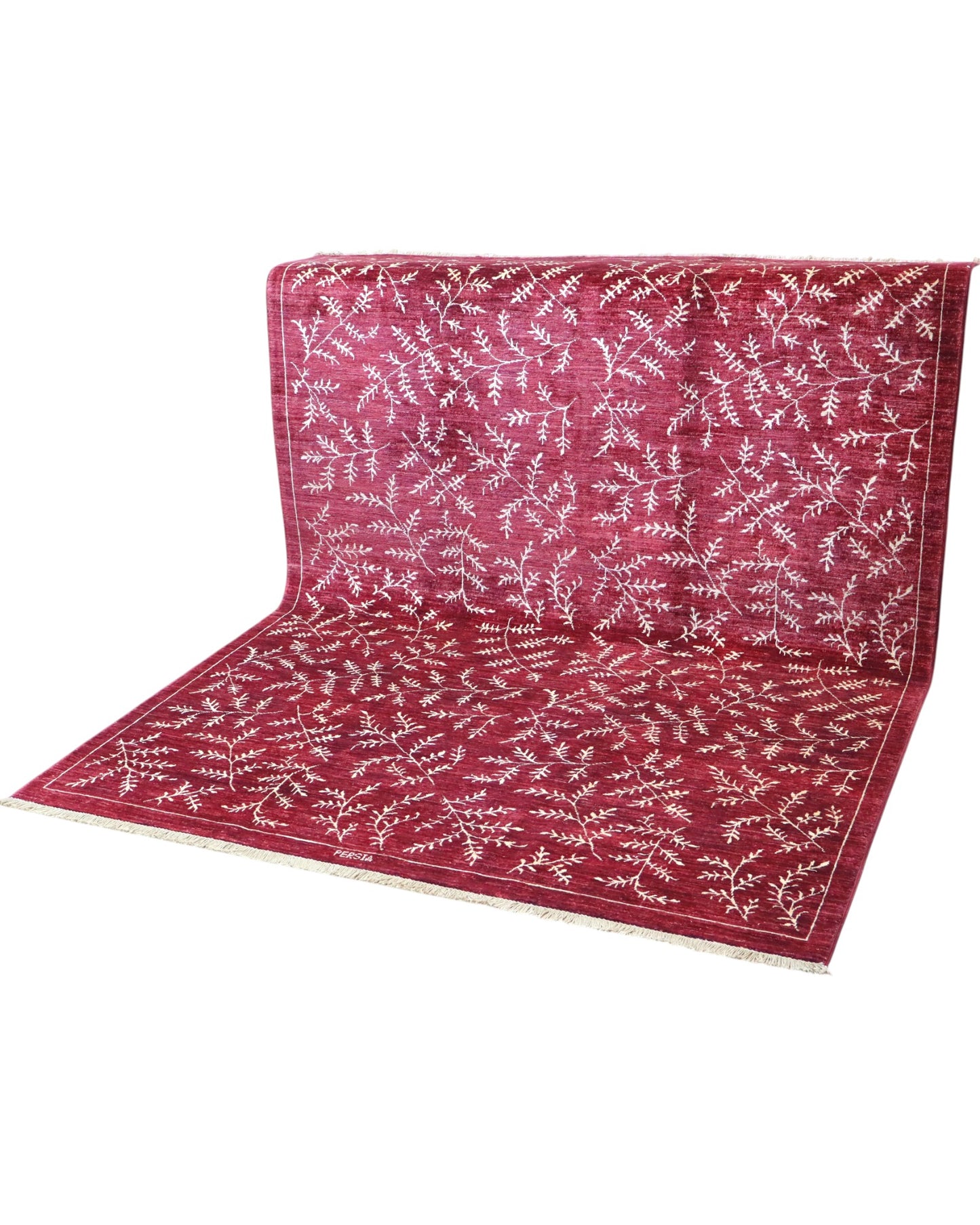 Tappeto moderno 225x178 cm Persia con fondo bordeaux e motivi floreali in avorio, annodato a mano in lana e cotone.