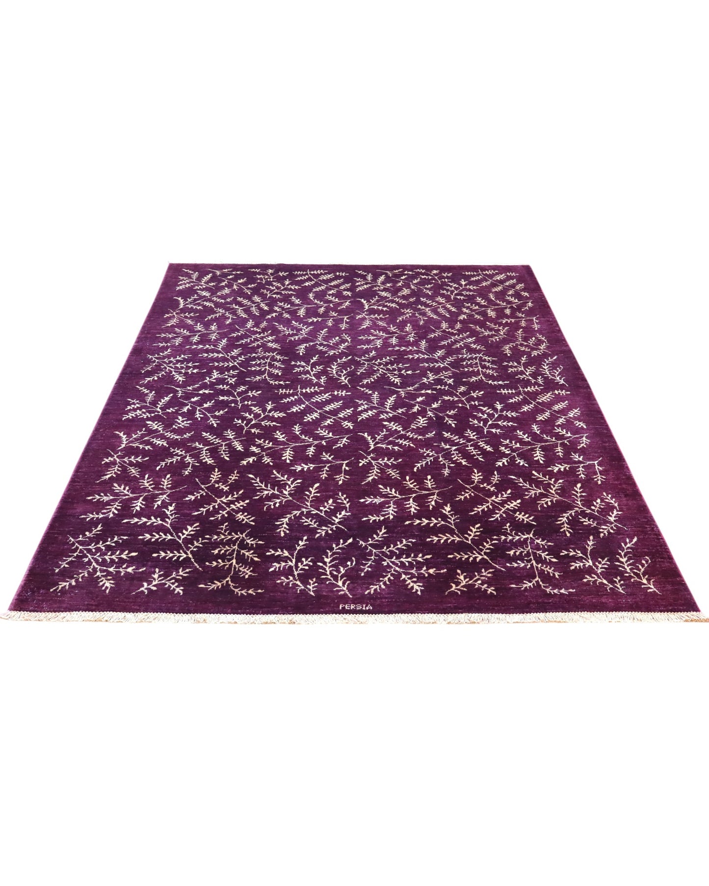 Tappeto moderno 237x177 cm con fondo viola e motivi floreali ramificati in avorio, annodato a mano in lana e cotone, provenienza Persia.