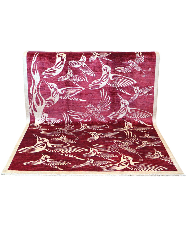 Tappeto moderno 233x177 cm Persia con fondo bordeaux e motivi di uccelli in avorio, annodato a mano in lana e cotone.