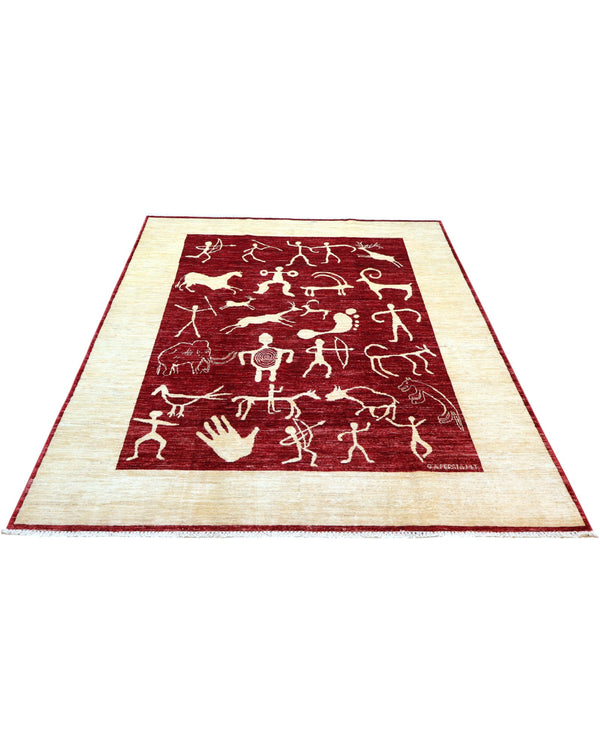 Tappeto moderno 228x183 cm Persia con fondo bordeaux, figure stilizzate avorio e cornice beige, annodato a mano in lana e cotone.