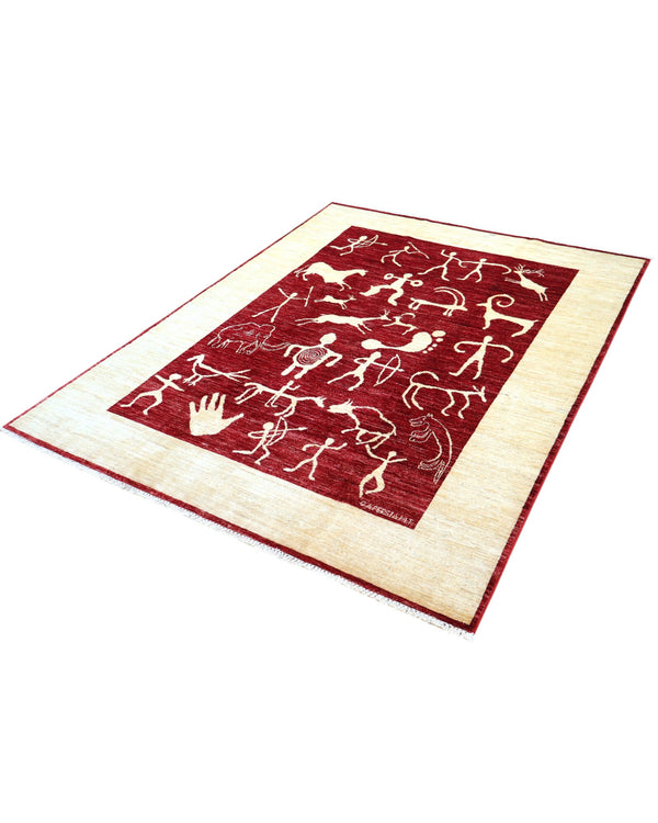 Tappeto moderno 228x183 cm Persia con fondo bordeaux, figure stilizzate avorio e cornice beige, annodato a mano in lana e cotone.