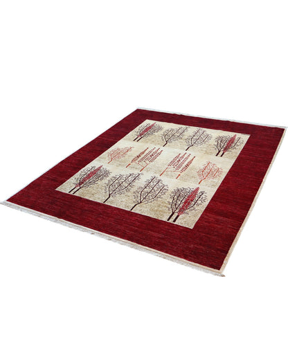 Tappeto moderno 226x186 cm Persia con fondo bordeaux e alberi stilizzati in rosso e marrone, annodato a mano in lana e cotone.