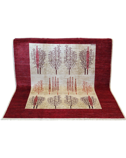 Tappeto moderno 226x186 cm Persia con fondo bordeaux e alberi stilizzati in rosso e marrone, annodato a mano in lana e cotone.