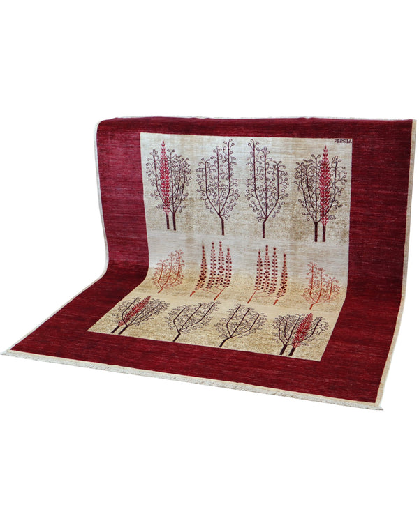 Tappeto moderno 226x186 cm Persia con fondo bordeaux e alberi stilizzati in rosso e marrone, annodato a mano in lana e cotone.